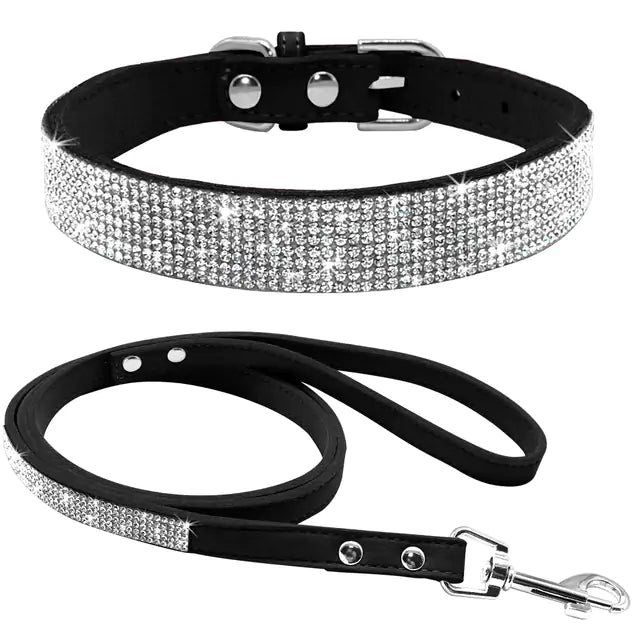Zwarte blingbling halsband met riem