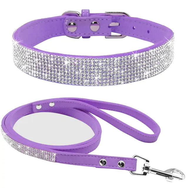 Paarse blingbling halsband met riem