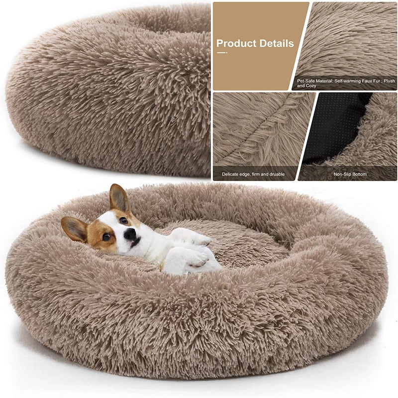 Donut pluche dierenbed lichtbruin met hond