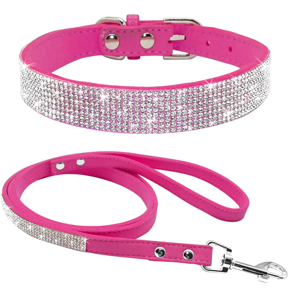 Fel roze blingbling halsband met riem
