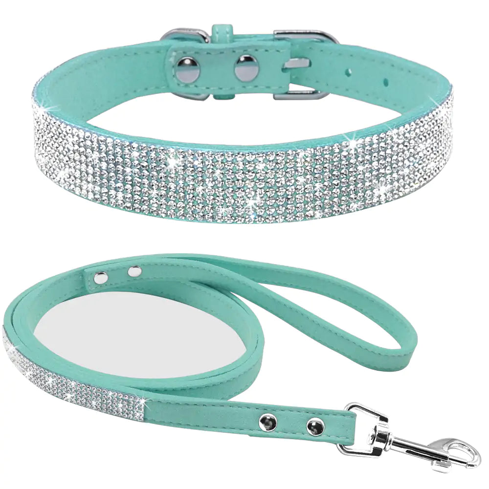 Blauwgroen blingbling halsband met riem