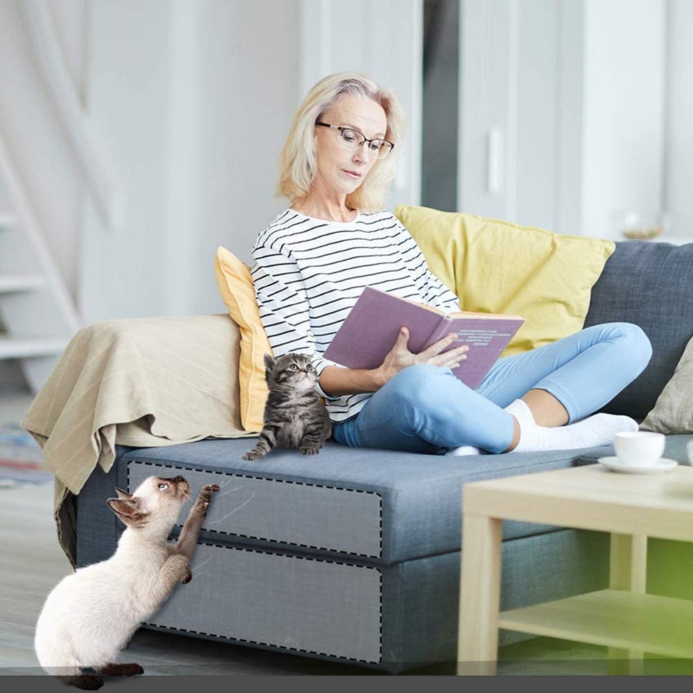 Mevrouw op bank met meubelbeschermer en 2 katten