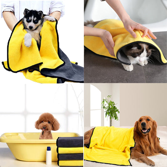 Honden en katten met een sneldrogende dierenhanddoek in geel