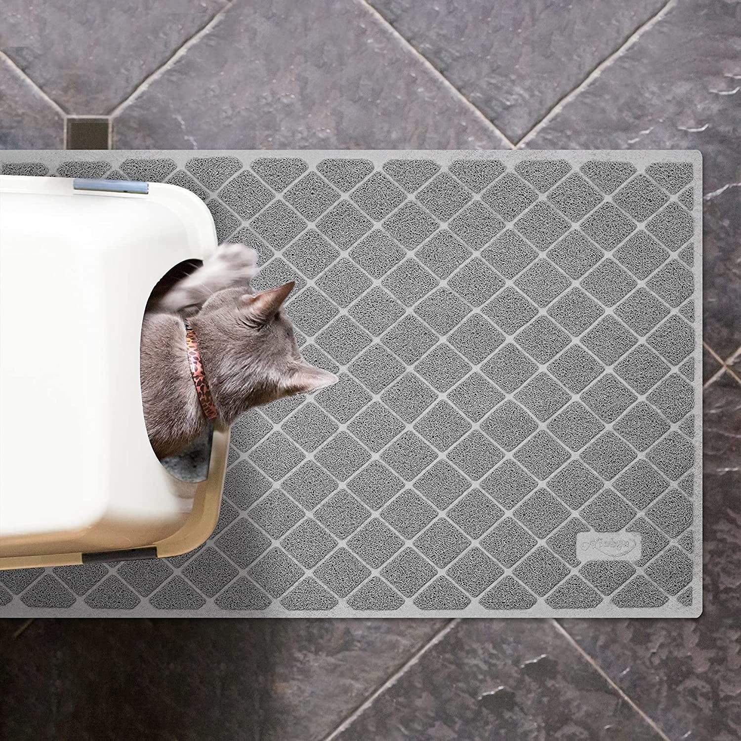 kattenbak met kat op antislipmat